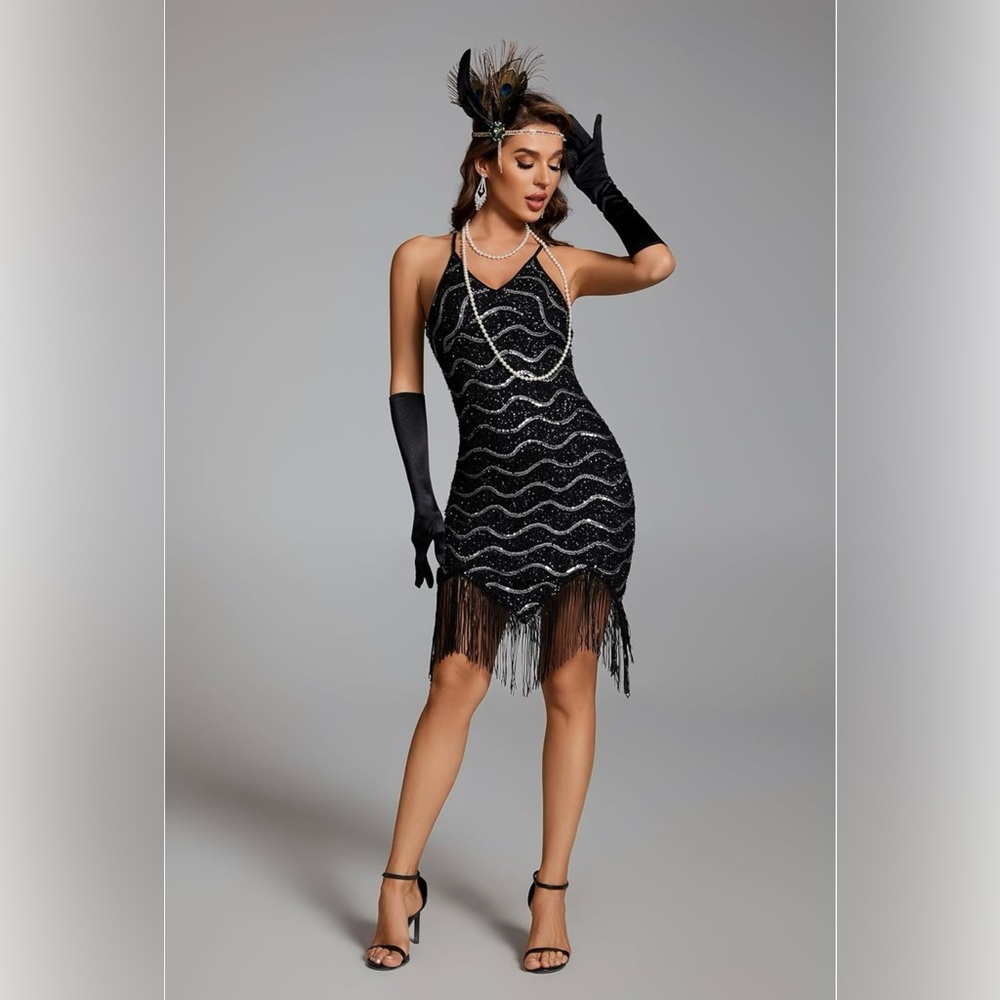Pixiemain Women's 1920's Flapper Fringe Sequin Party Mini Dress-Sz XS-Black